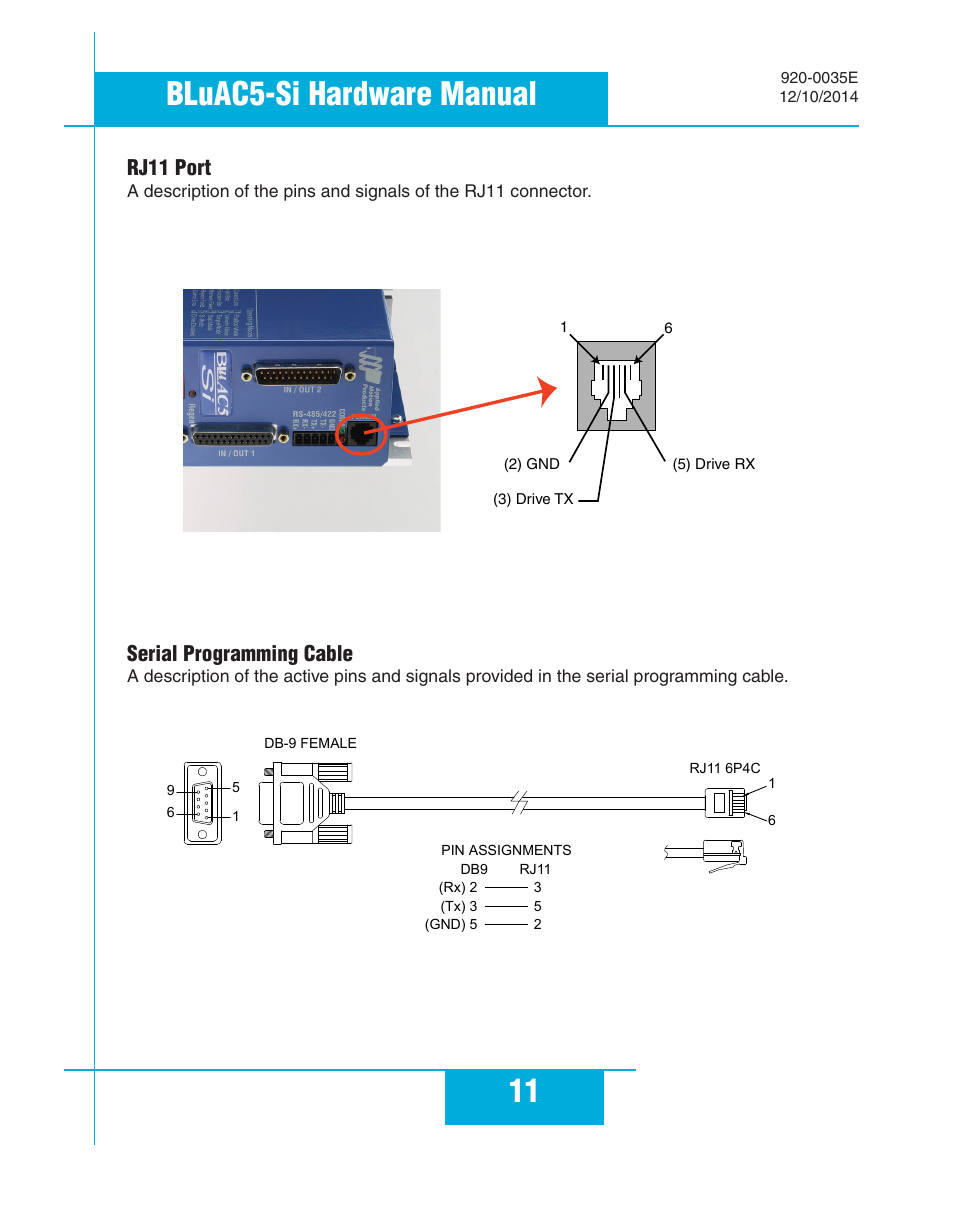 Rj11 port, Serial programming cable, Rj11 port serial programming cable | 11 bluac5-si hardware manual | Applied Motion BLuAC5-Si User Manual | Page 11 / 38