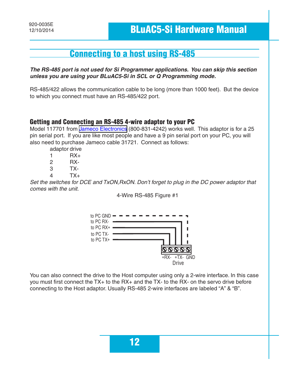 Connecting to a host using rs-485, 12 bluac5-si hardware manual | Applied Motion BLuAC5-Si User Manual | Page 12 / 38