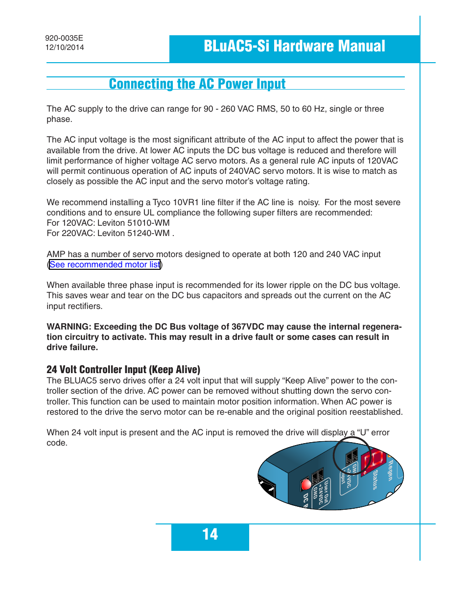 Connecting the ac power input, 24 volt controller input (keep alive), 14 bluac5-si hardware manual | Applied Motion BLuAC5-Si User Manual | Page 14 / 38