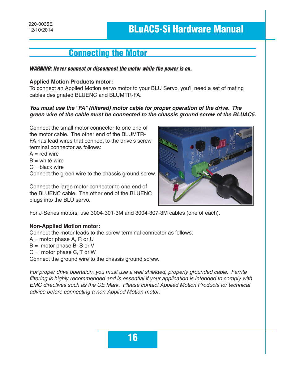 Connecting the motor, 16 bluac5-si hardware manual | Applied Motion BLuAC5-Si User Manual | Page 16 / 38