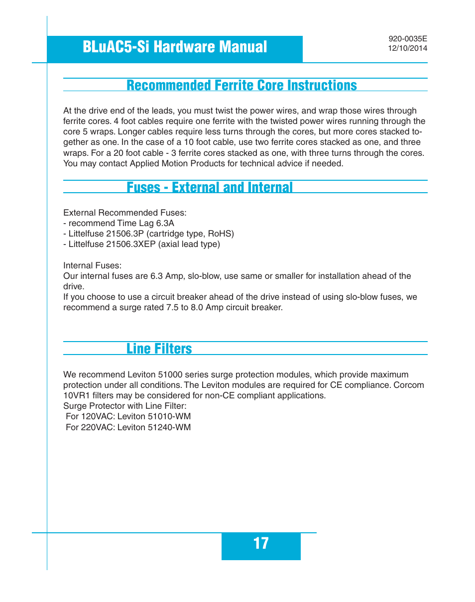 Recommended ferrite core instructions, Fuses - external and internal, Line filters | 17 bluac5-si hardware manual, Line filters recommended ferrite core instructions | Applied Motion BLuAC5-Si User Manual | Page 17 / 38