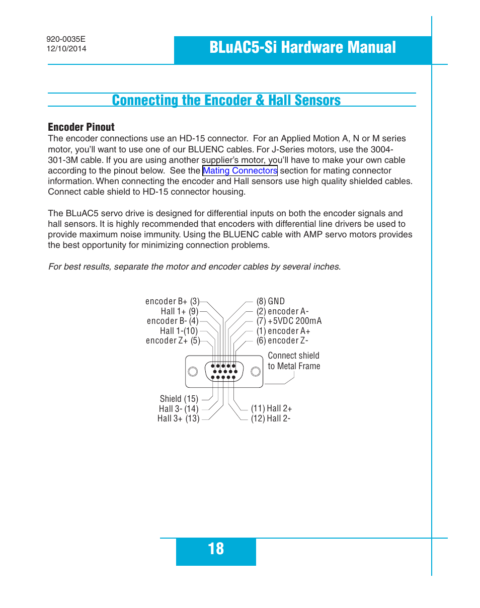 Connecting the encoder & hall sensors, Encoder pinout, 18 bluac5-si hardware manual | Applied Motion BLuAC5-Si User Manual | Page 18 / 38