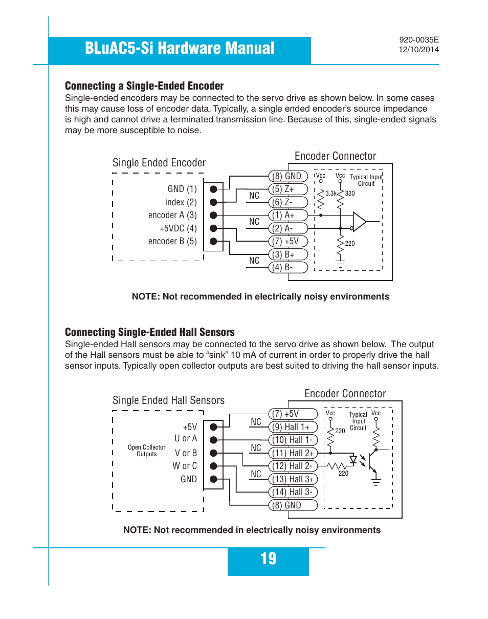 Connecting a single-ended encoder, Connecting single-ended hall sensors, 19 bluac5-si hardware manual | Single ended encoder, Encoder connector, Single ended hall sensors | Applied Motion BLuAC5-Si User Manual | Page 19 / 38