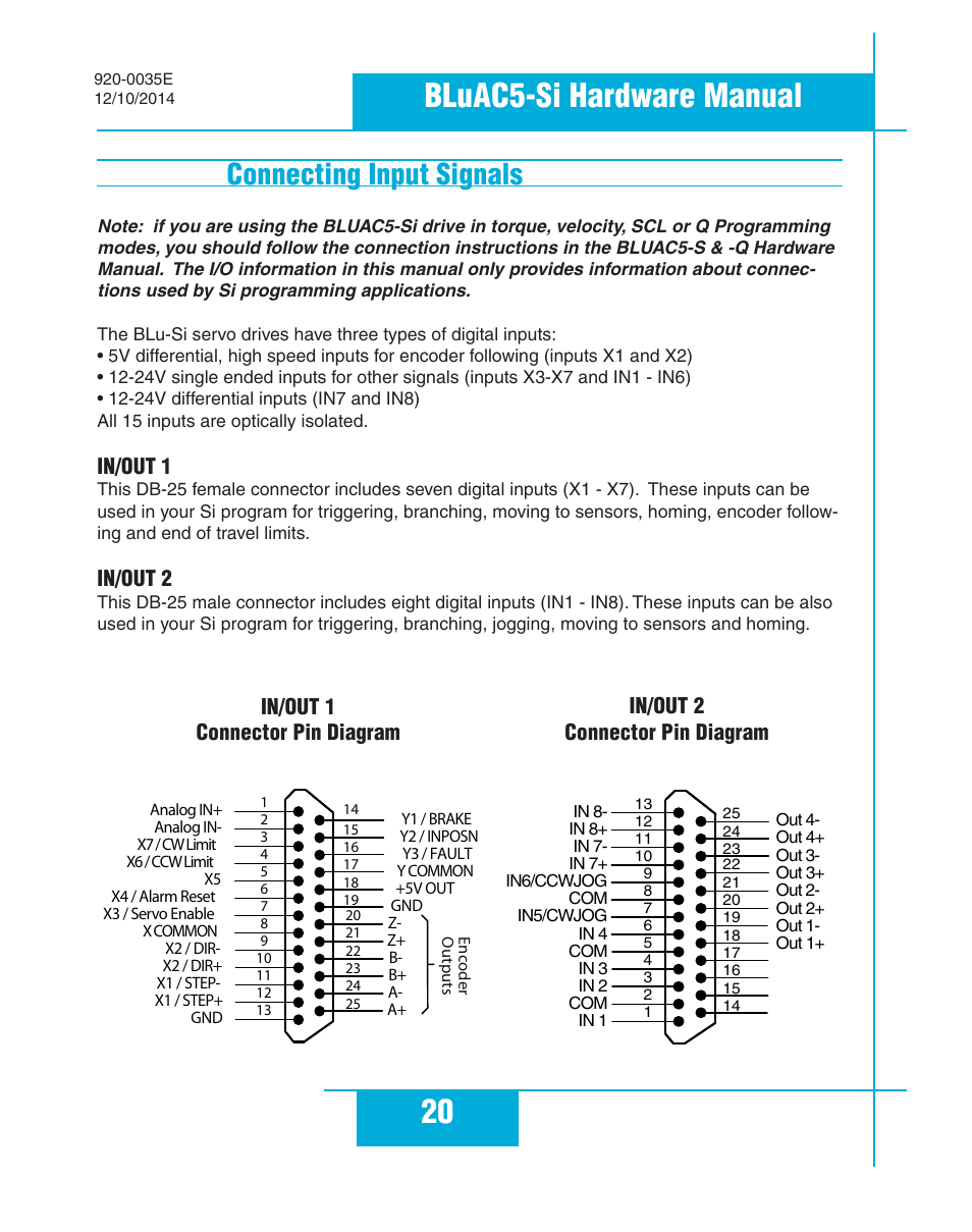 Connecting input signals, In/out 1, In/out 2 | Connector pin diagram, 20 bluac5-si hardware manual, In/out 1 connector pin diagram, In/out 2 connector pin diagram | Applied Motion BLuAC5-Si User Manual | Page 20 / 38