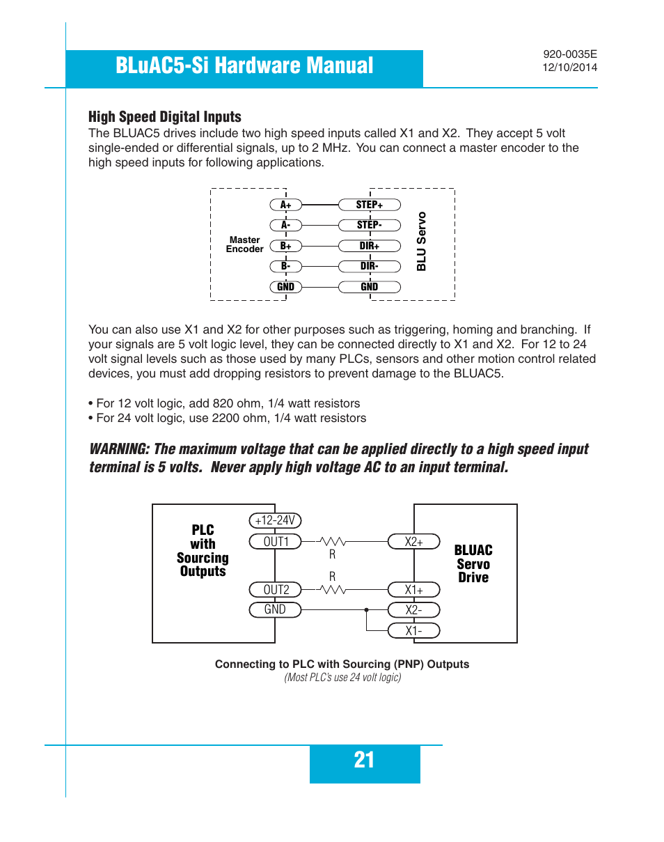 High speed digital inputs, 21 bluac5-si hardware manual | Applied Motion BLuAC5-Si User Manual | Page 21 / 38