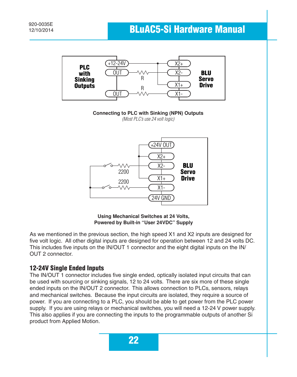 24v single ended inputs, 22 bluac5-si hardware manual | Applied Motion BLuAC5-Si User Manual | Page 22 / 38
