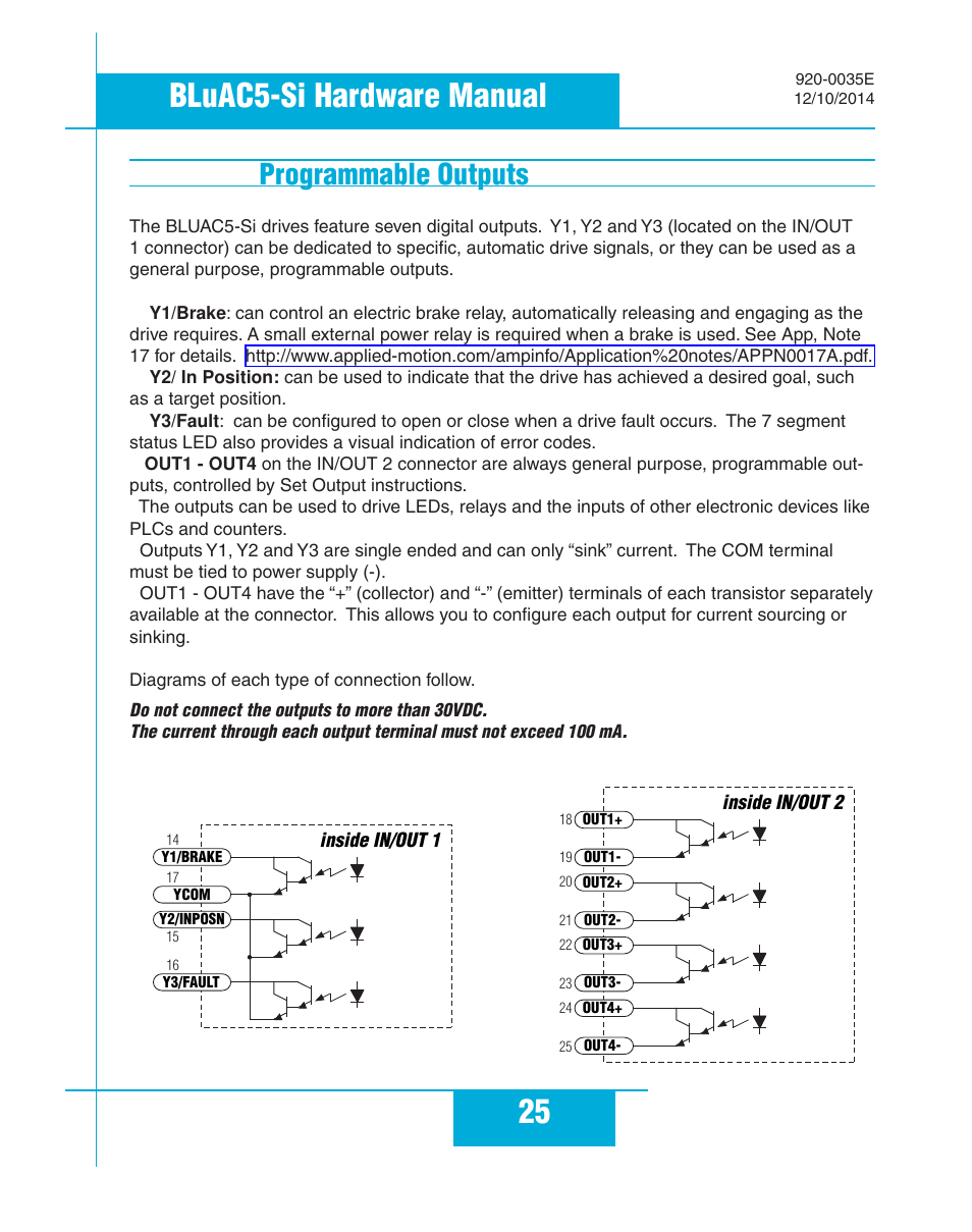 Programmable outputs, 25 bluac5-si hardware manual | Applied Motion BLuAC5-Si User Manual | Page 25 / 38