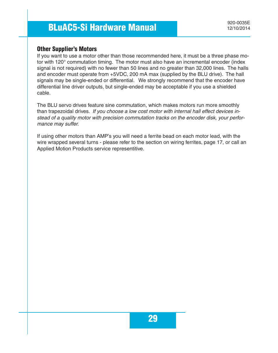 Other supplier’s motors, 29 bluac5-si hardware manual | Applied Motion BLuAC5-Si User Manual | Page 29 / 38
