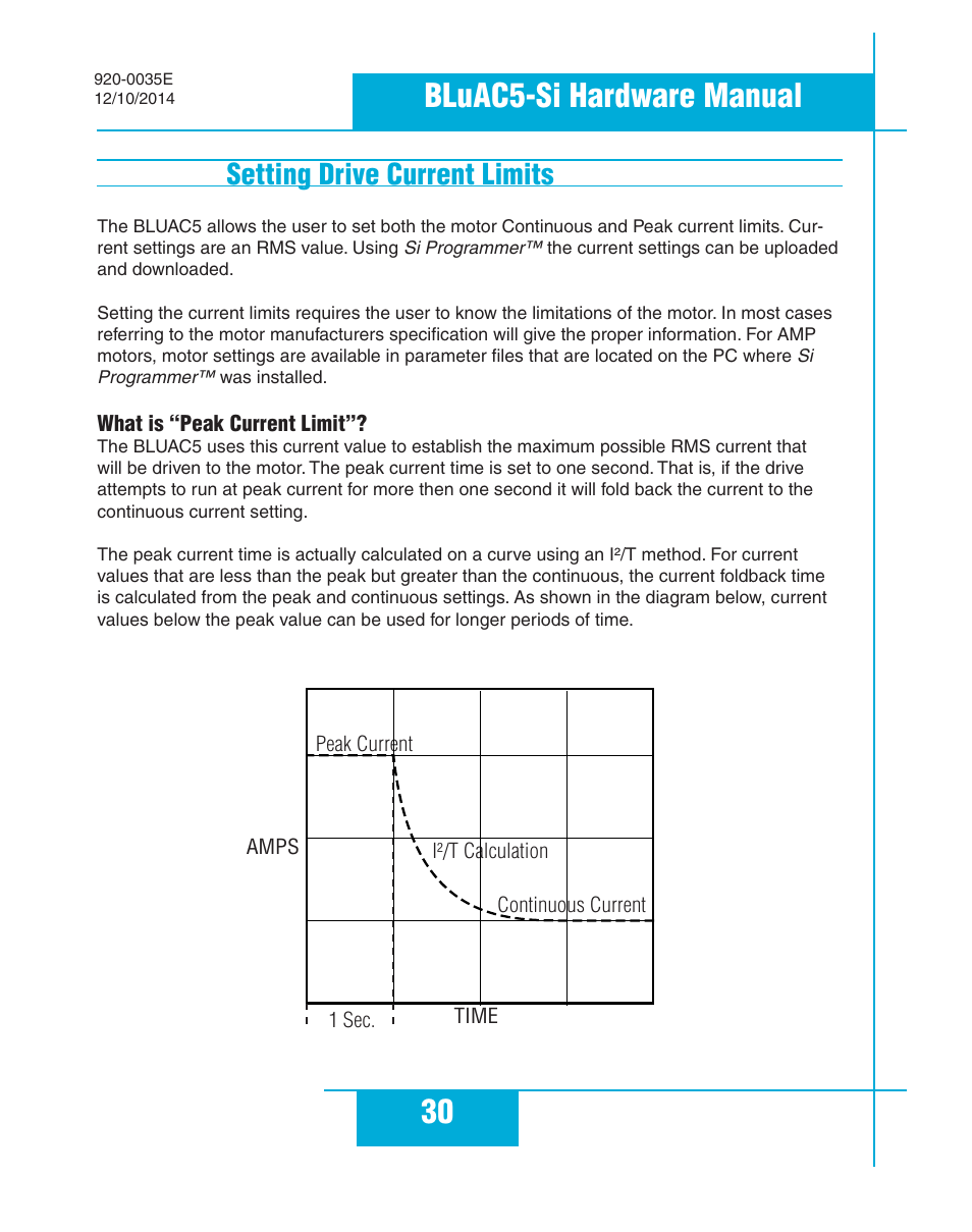 Setting drive current limits, What is “peak current limit, 30 bluac5-si hardware manual | Applied Motion BLuAC5-Si User Manual | Page 30 / 38