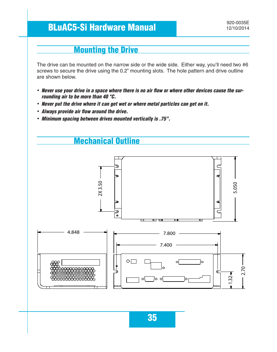 Mounting the drive, Mechanical outline, Mounting the drive mechanical outline | 35 bluac5-si hardware manual, Mechanical outline mounting the drive | Applied Motion BLuAC5-Si User Manual | Page 35 / 38