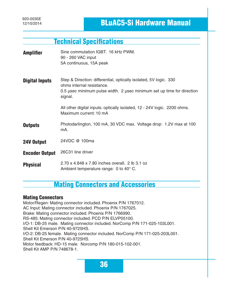 Technical specifications, Mating connectors and accessories, 36 bluac5-si hardware manual | Applied Motion BLuAC5-Si User Manual | Page 36 / 38