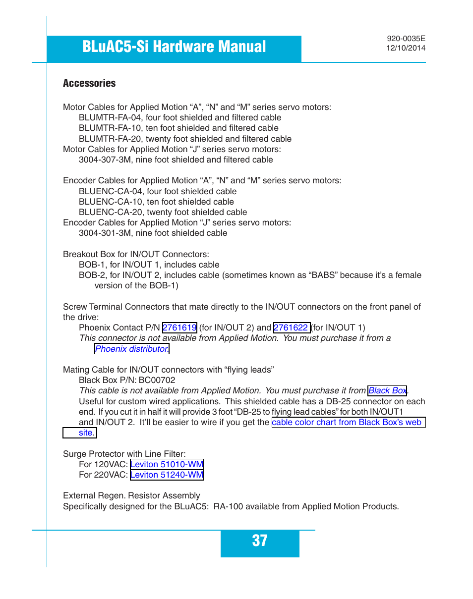 37 bluac5-si hardware manual, Accessories | Applied Motion BLuAC5-Si User Manual | Page 37 / 38