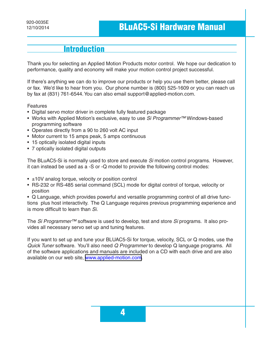 Introduction, 4bluac5-si hardware manual | Applied Motion BLuAC5-Si User Manual | Page 4 / 38