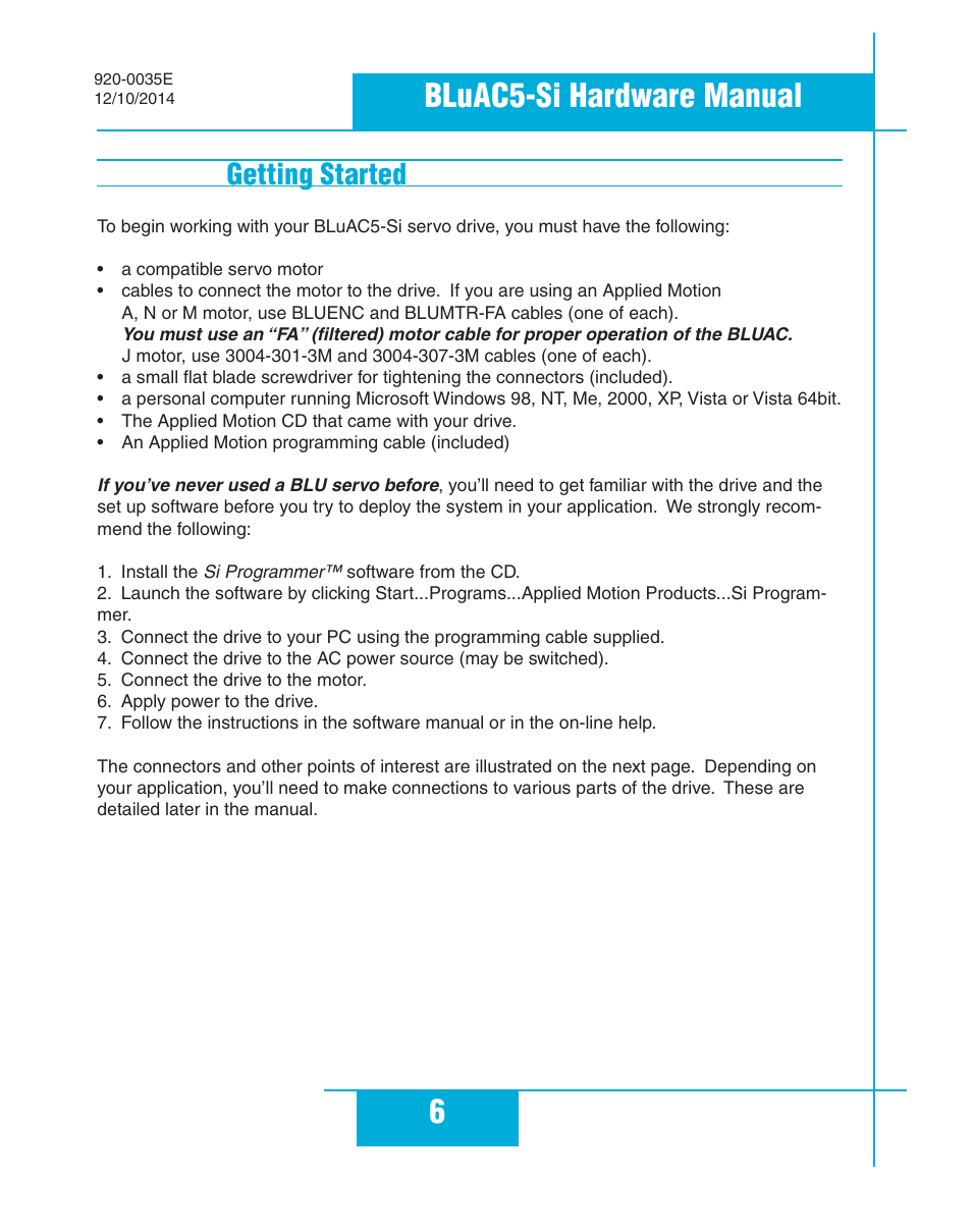 Getting started, 6bluac5-si hardware manual | Applied Motion BLuAC5-Si User Manual | Page 6 / 38