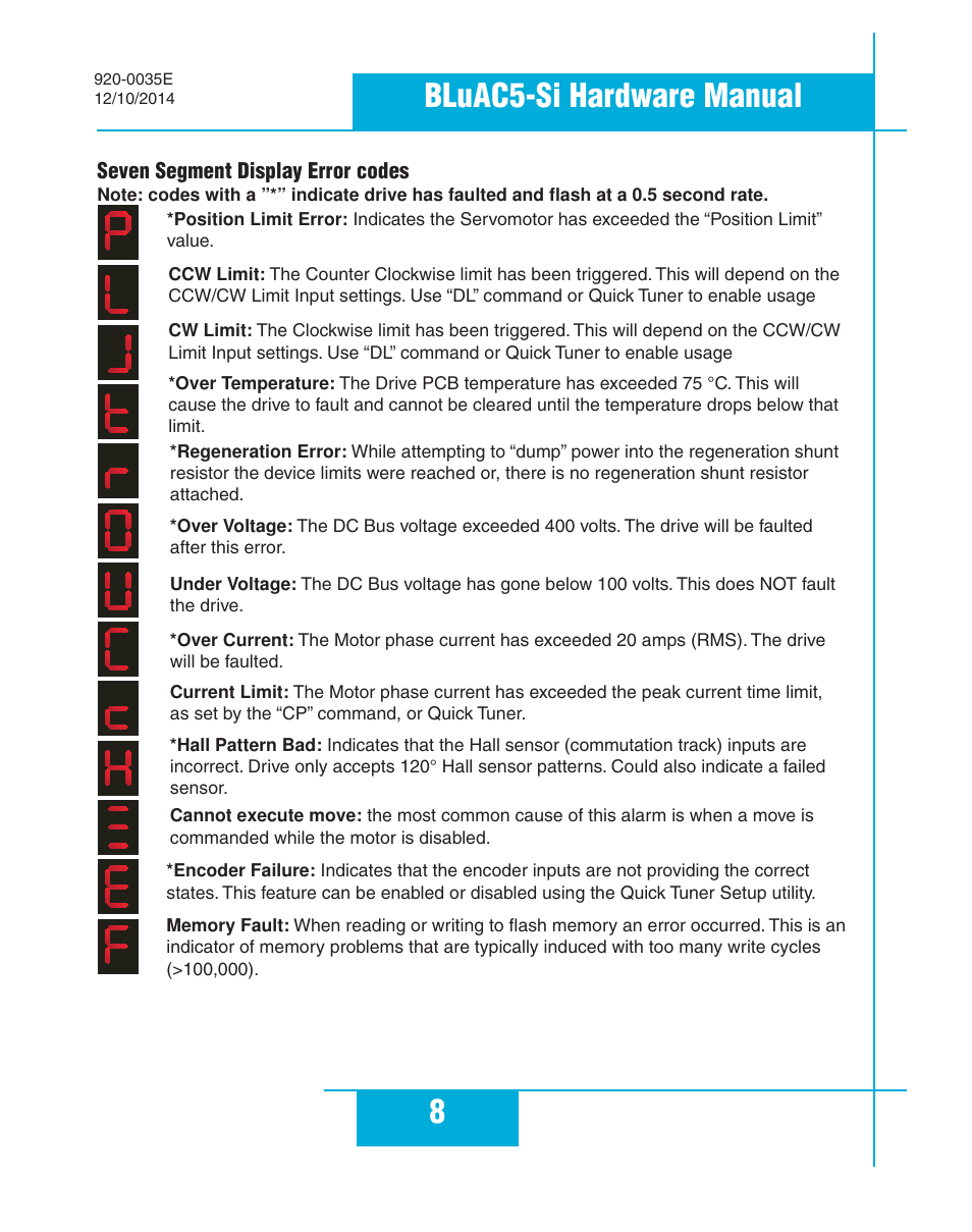 Seven segment display error codes, 8bluac5-si hardware manual | Applied Motion BLuAC5-Si User Manual | Page 8 / 38