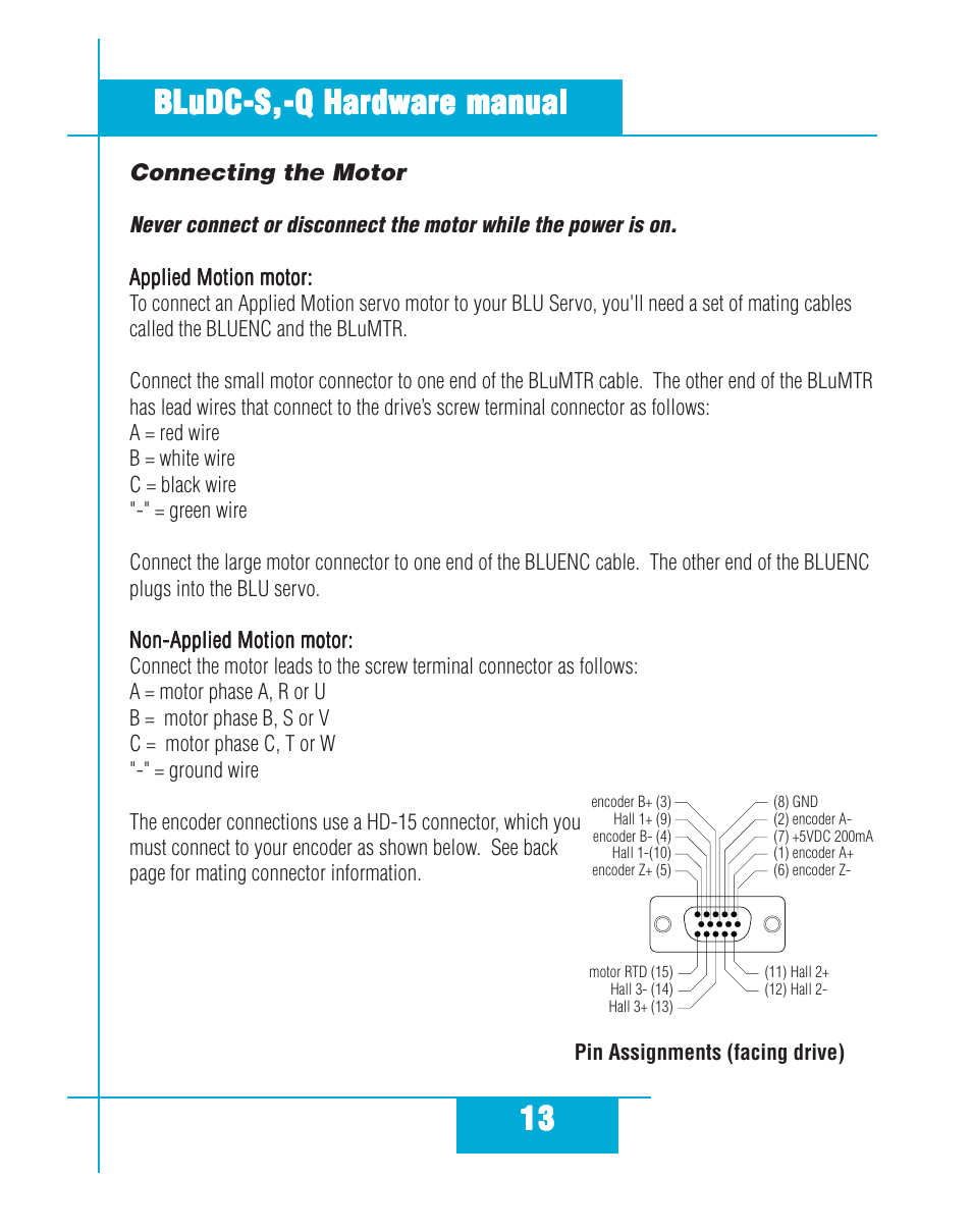 Connecting the motor | Applied Motion BLuDC4-Q User Manual | Page 13 / 32