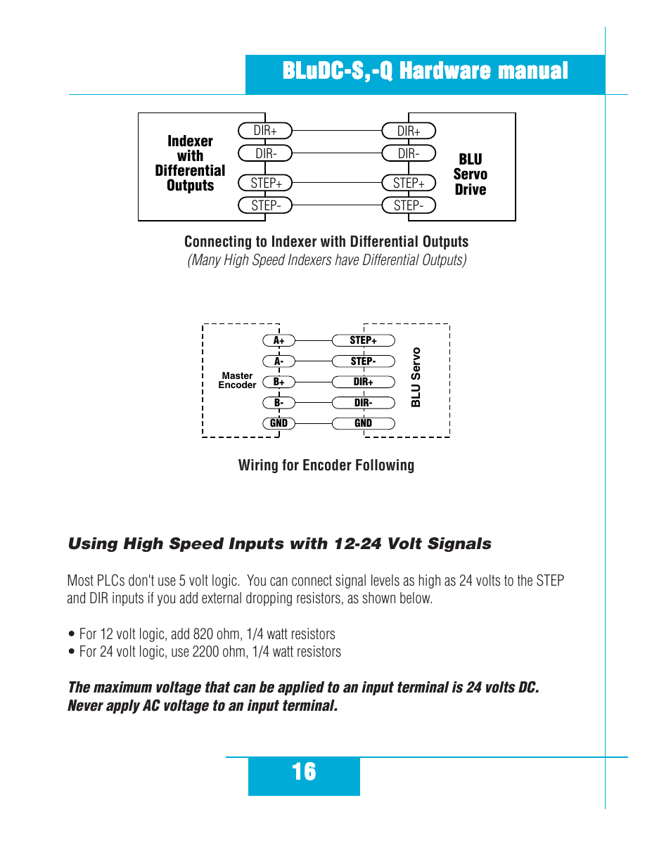 Using high speed inputs with 12-24 volt signals | Applied Motion BLuDC4-Q User Manual | Page 16 / 32