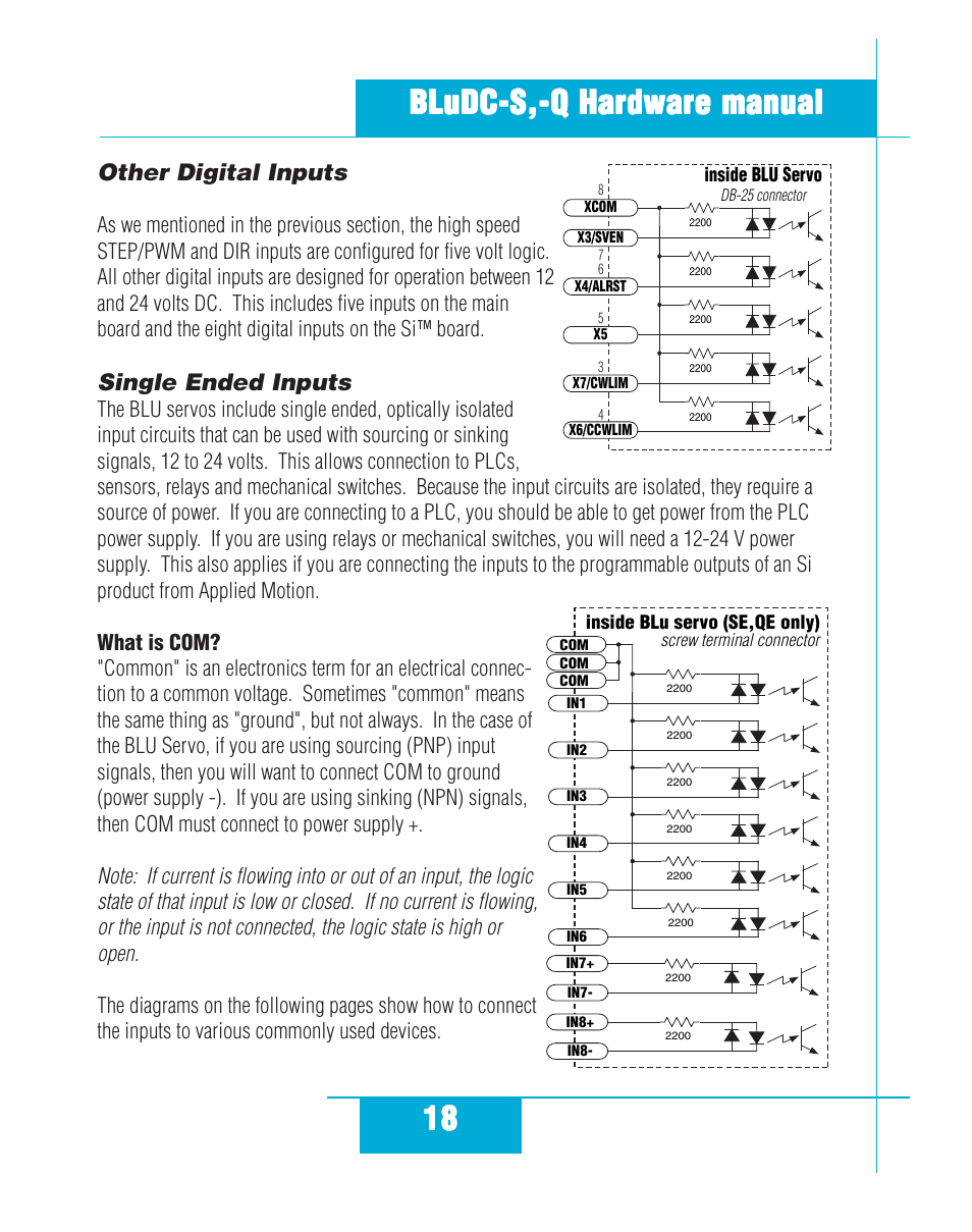 Other digital inputs single ended inputs, What is com, Other digital inputs | Single ended inputs | Applied Motion BLuDC4-Q User Manual | Page 18 / 32