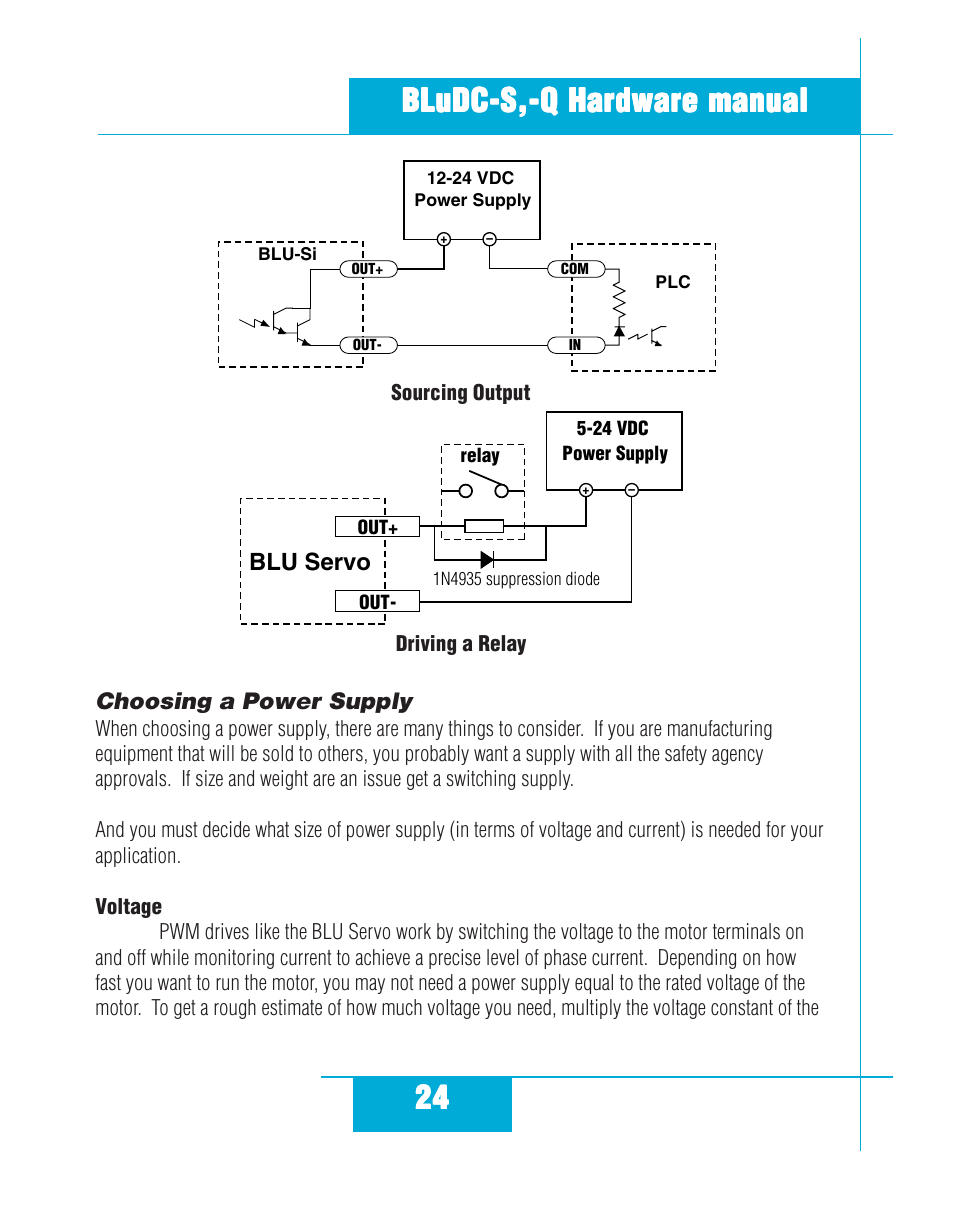 Sourcing output driving a relay, Choosing a power supply | Applied Motion BLuDC4-Q User Manual | Page 24 / 32