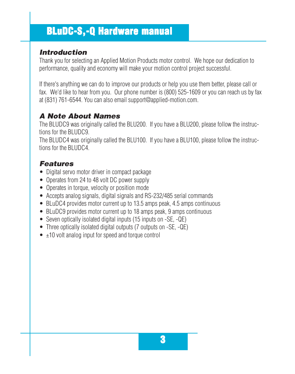 Introduction a note about names features | Applied Motion BLuDC4-Q User Manual | Page 3 / 32