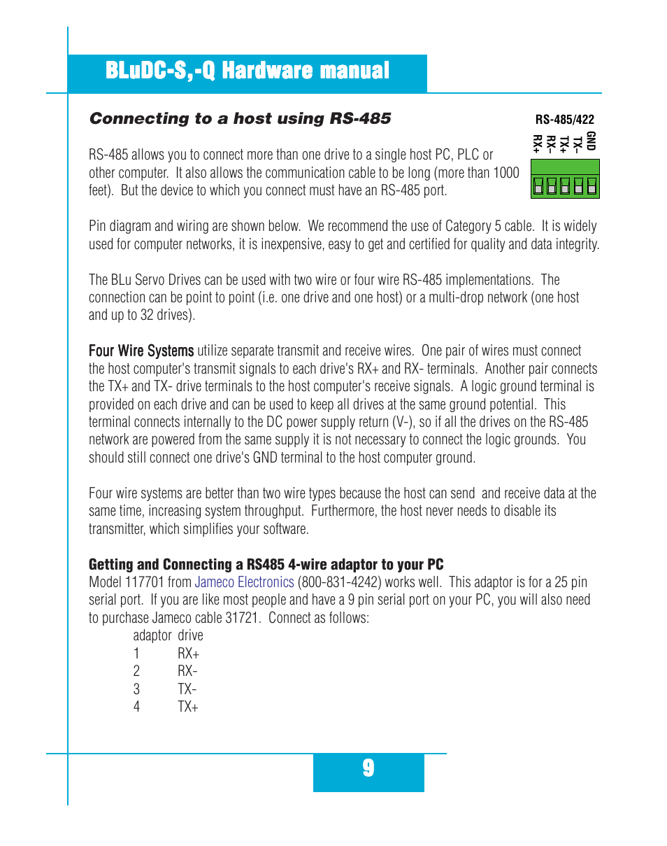 Connecting to a host using rs-485 | Applied Motion BLuDC4-Q User Manual | Page 9 / 32