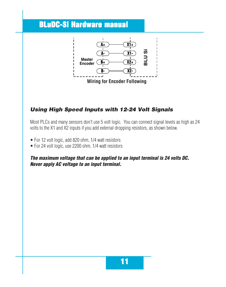 Using high speed inputs with 12-24 volt signals | Applied Motion BLuDC4-Si User Manual | Page 11 / 26