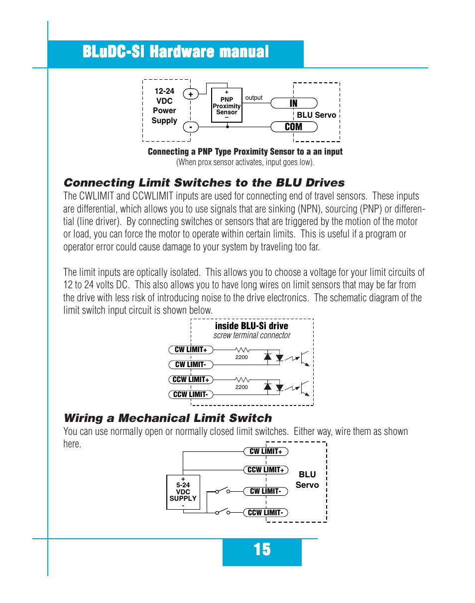 Wiring a mechanical limit switch, Connecting limit switches to the blu drives | Applied Motion BLuDC4-Si User Manual | Page 15 / 26