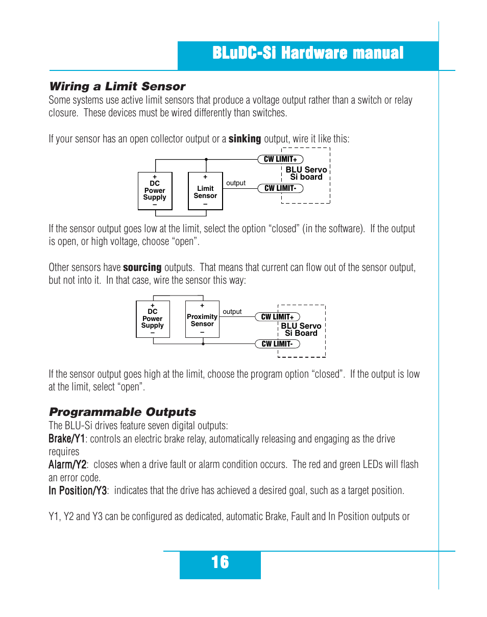 Wiring a limit sensor programmable outputs | Applied Motion BLuDC4-Si User Manual | Page 16 / 26
