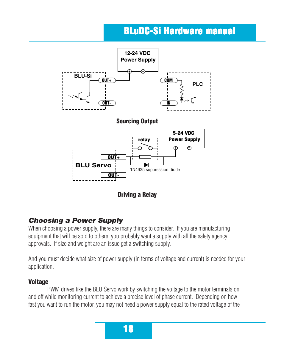 Sourcing output driving a relay, Choosing a power supply, Voltage | Applied Motion BLuDC4-Si User Manual | Page 18 / 26
