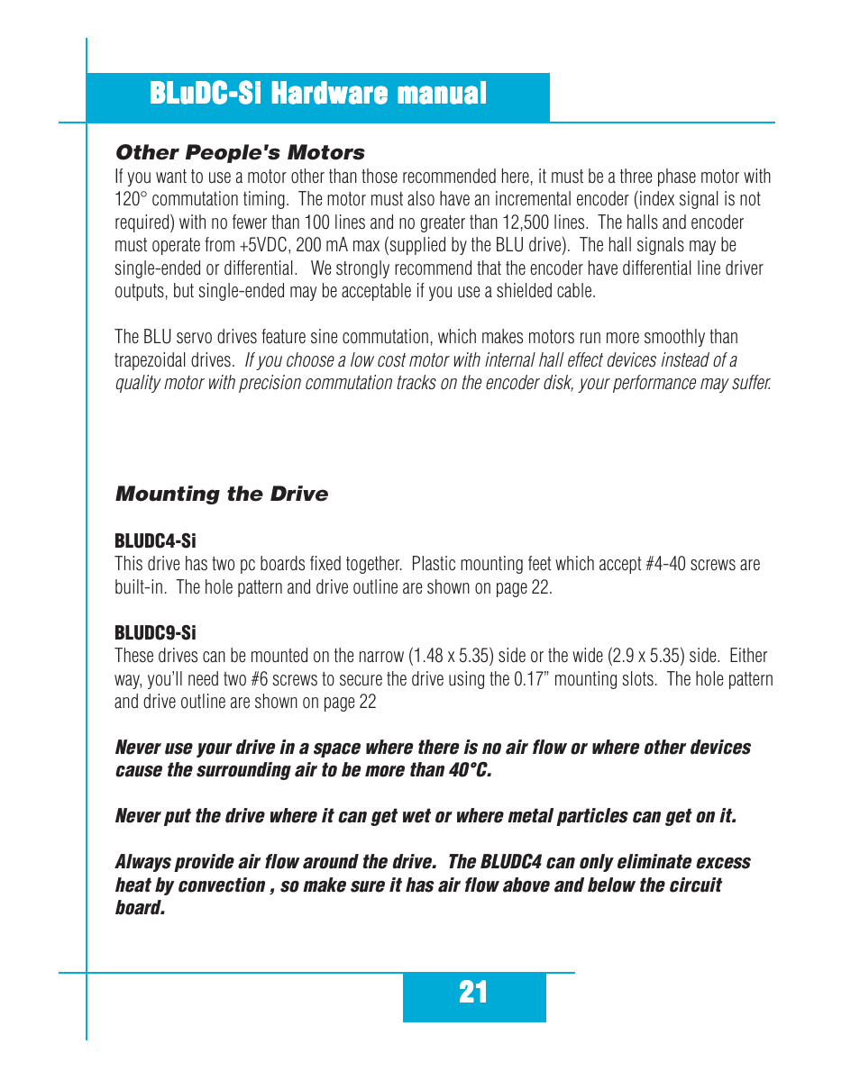 Other people's motors mounting the drive, Bludc4-si bludc9-si | Applied Motion BLuDC4-Si User Manual | Page 21 / 26