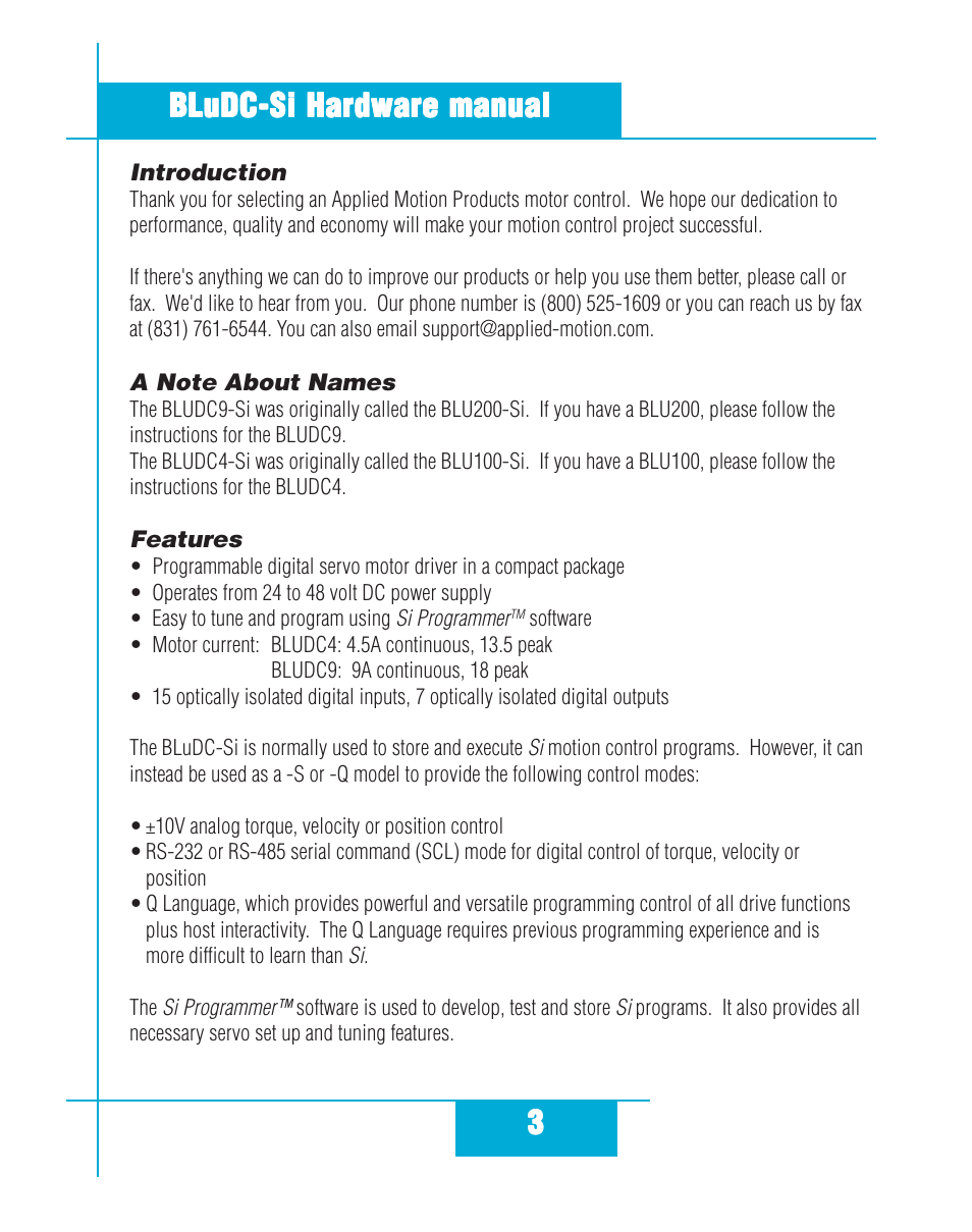 Introduction a note about names features | Applied Motion BLuDC4-Si User Manual | Page 3 / 26