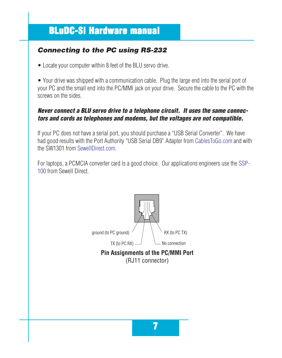 Connecting to the pc using rs-232 | Applied Motion BLuDC4-Si User Manual | Page 7 / 26