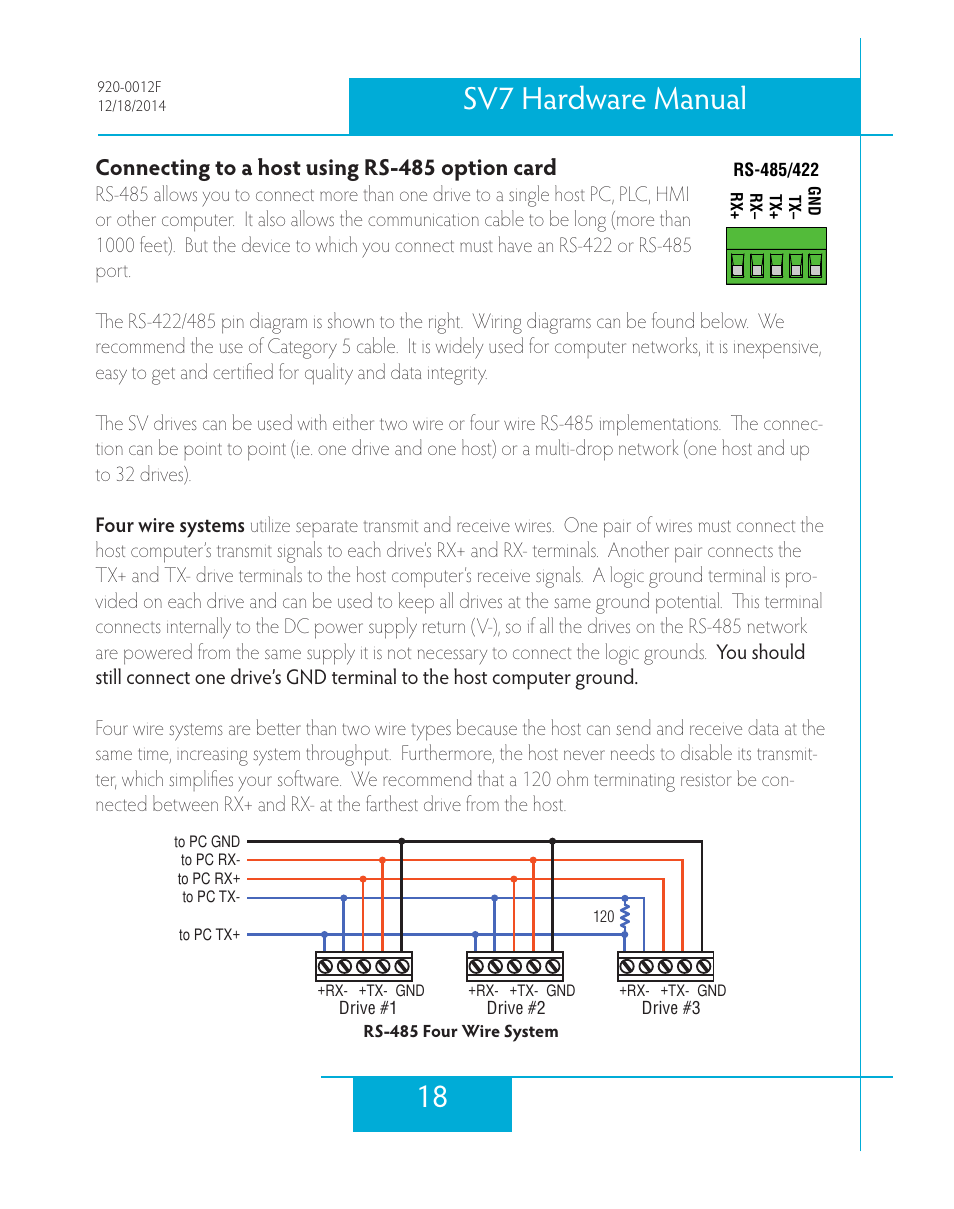 Connecting to a host using rs-485 option card, 18 sv7 hardware manual | Applied Motion SV7-C-CE User Manual | Page 18 / 53
