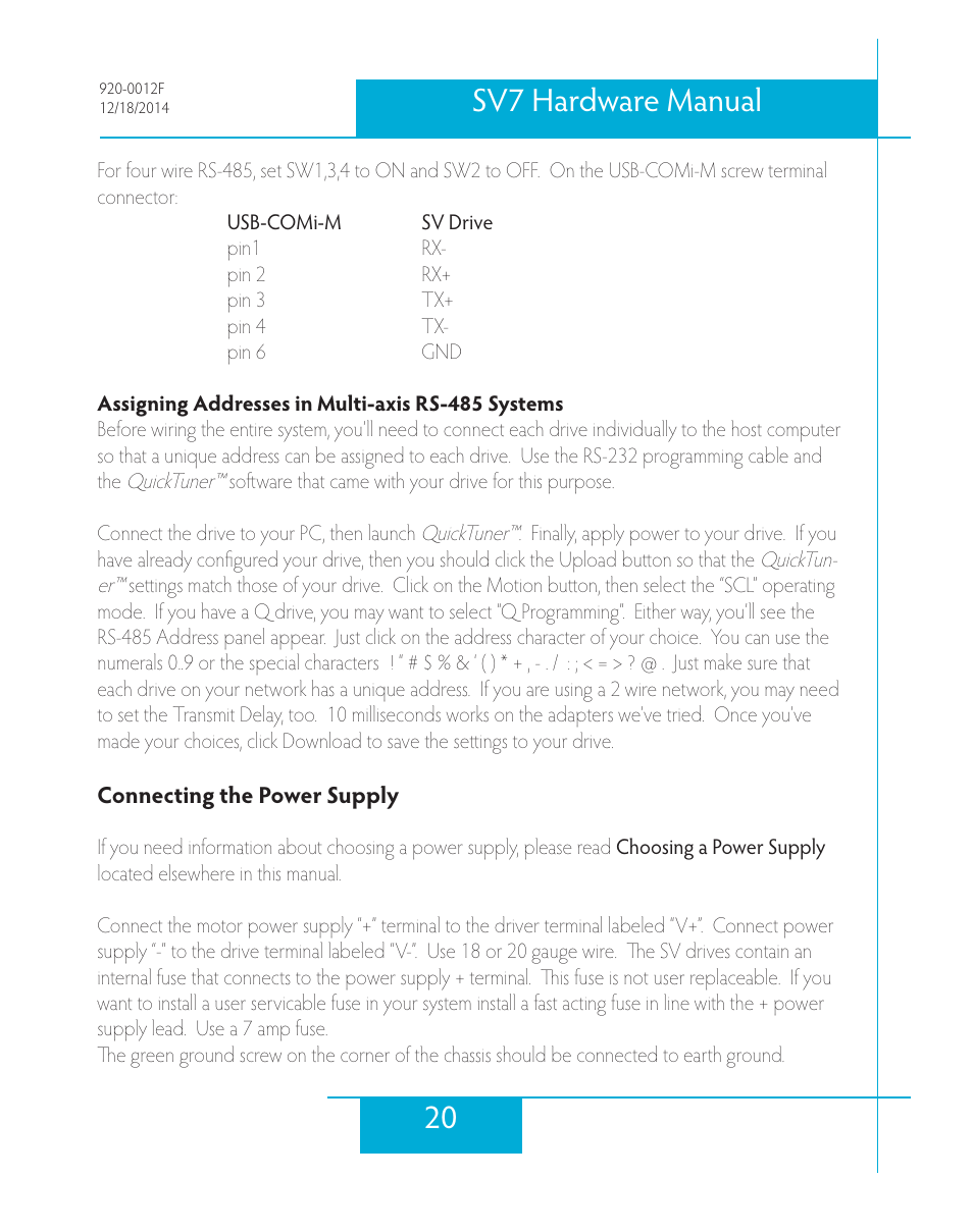 Connecting the power supply, 20 sv7 hardware manual | Applied Motion SV7-C-CE User Manual | Page 20 / 53