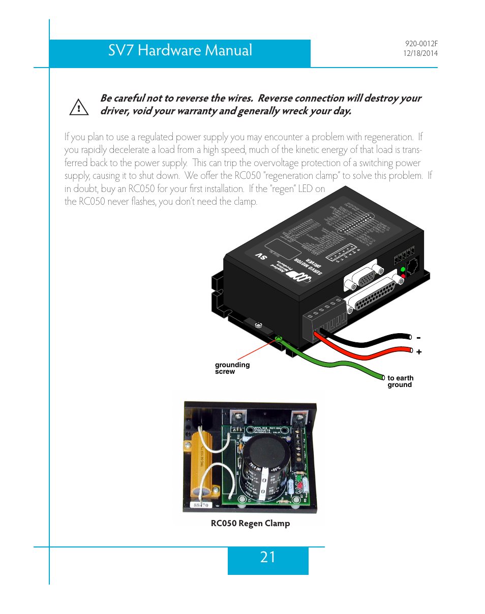 21 sv7 hardware manual, Rc050 regen clamp, Grounding screw to earth ground | Servo motor driver | Applied Motion SV7-C-CE User Manual | Page 21 / 53
