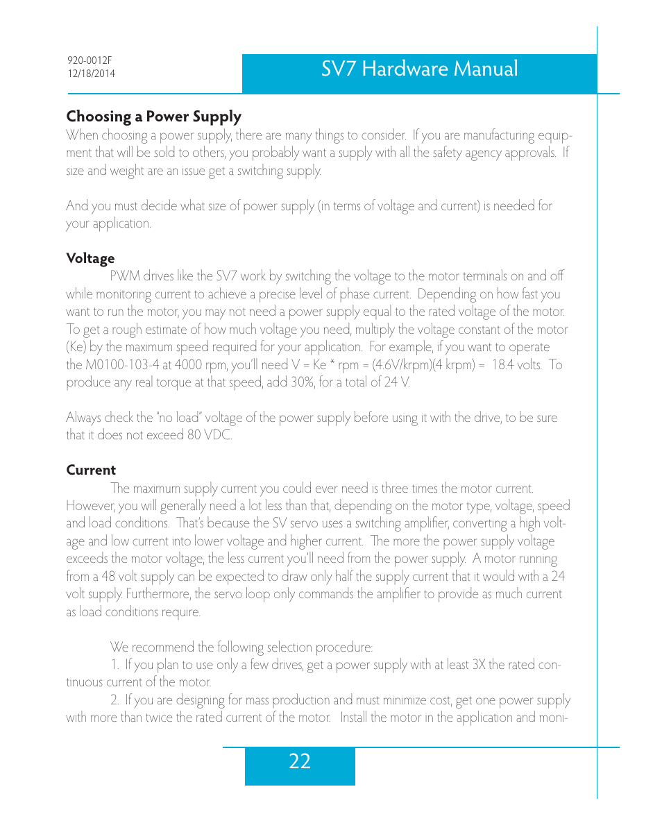 Choosing a power supply, 22 sv7 hardware manual | Applied Motion SV7-C-CE User Manual | Page 22 / 53