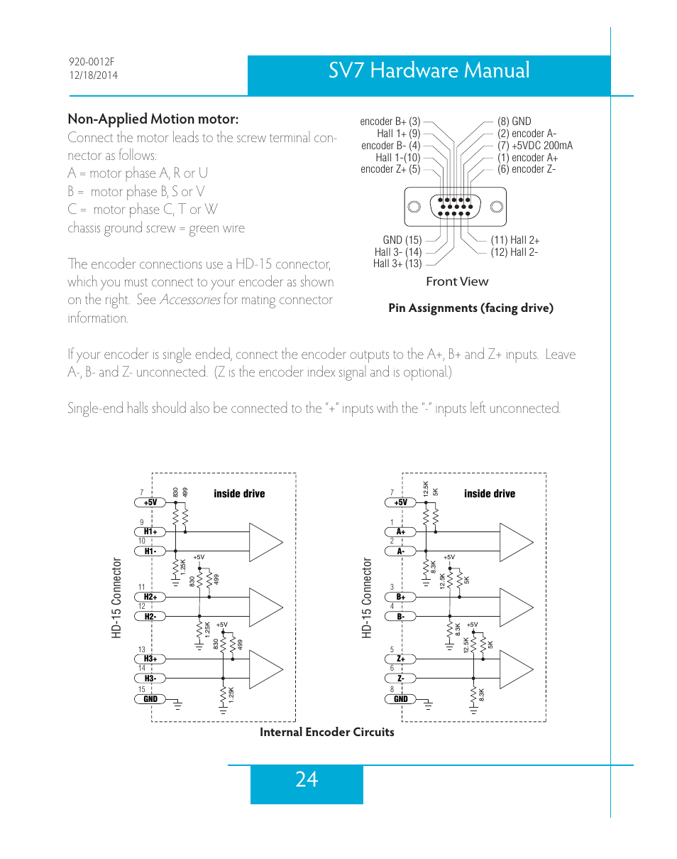 24 sv7 hardware manual, Front view, Internal encoder circuits | Pin assignments (facing drive) | Applied Motion SV7-C-CE User Manual | Page 24 / 53