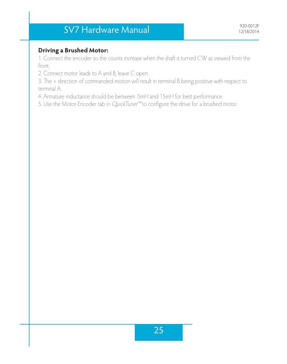 Driving a brushed motor, 25 sv7 hardware manual | Applied Motion SV7-C-CE User Manual | Page 25 / 53