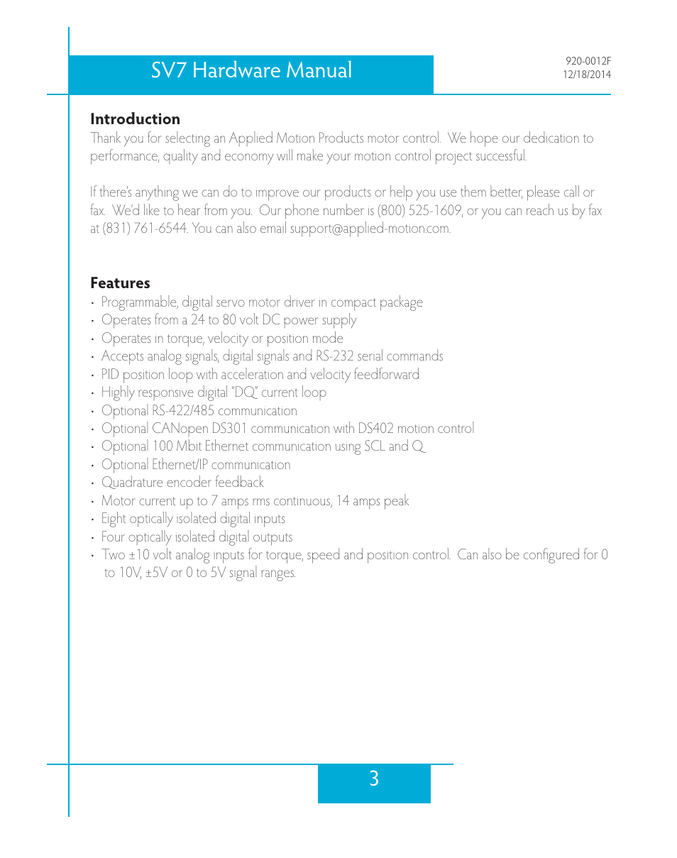 Introduction, Features, 3sv7 hardware manual | Applied Motion SV7-C-CE User Manual | Page 3 / 53