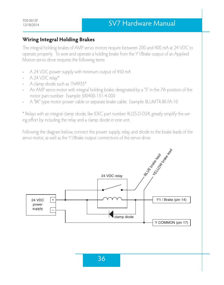 Wiring integral holding brakes, 36 sv7 hardware manual | Applied Motion SV7-C-CE User Manual | Page 36 / 53