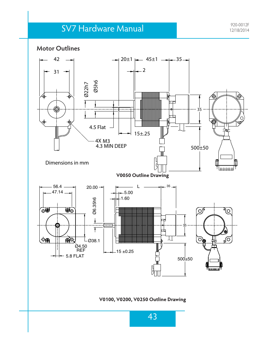Motor outlines, 43 sv7 hardware manual | Applied Motion SV7-C-CE User Manual | Page 43 / 53
