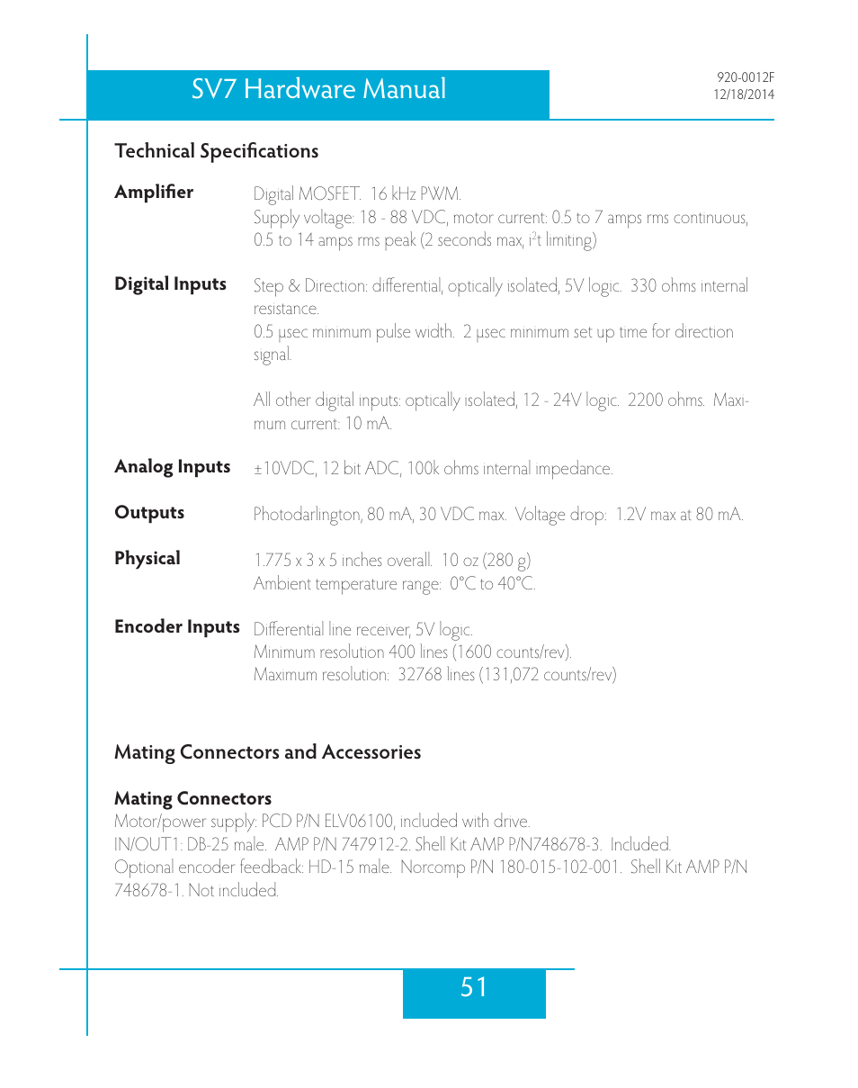 Technical specifications, Mating connectors and accessories, 51 sv7 hardware manual | Applied Motion SV7-C-CE User Manual | Page 51 / 53
