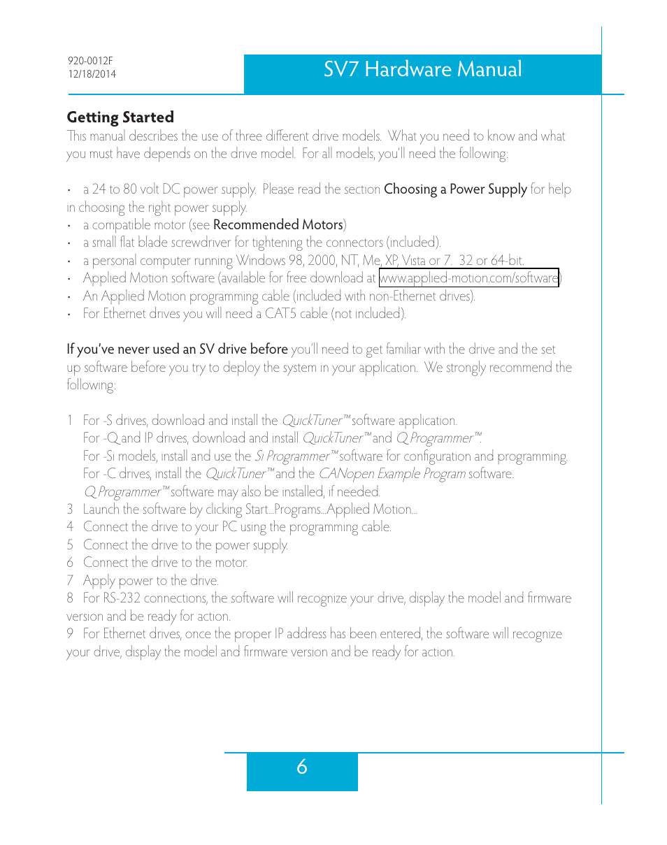 Getting started, 6sv7 hardware manual | Applied Motion SV7-C-CE User Manual | Page 6 / 53
