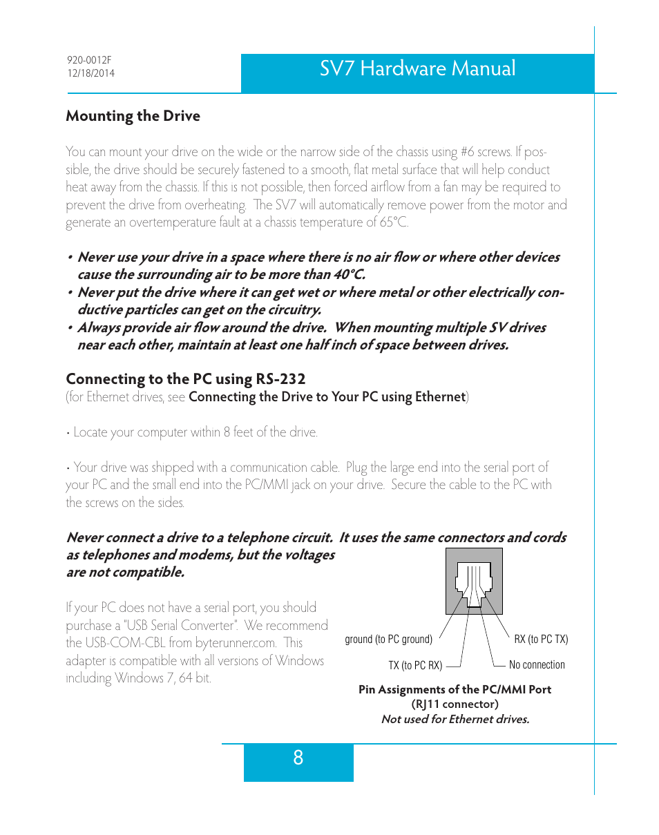 Mounting the drive, Connecting to the pc using rs-232, 8sv7 hardware manual | Applied Motion SV7-C-CE User Manual | Page 8 / 53