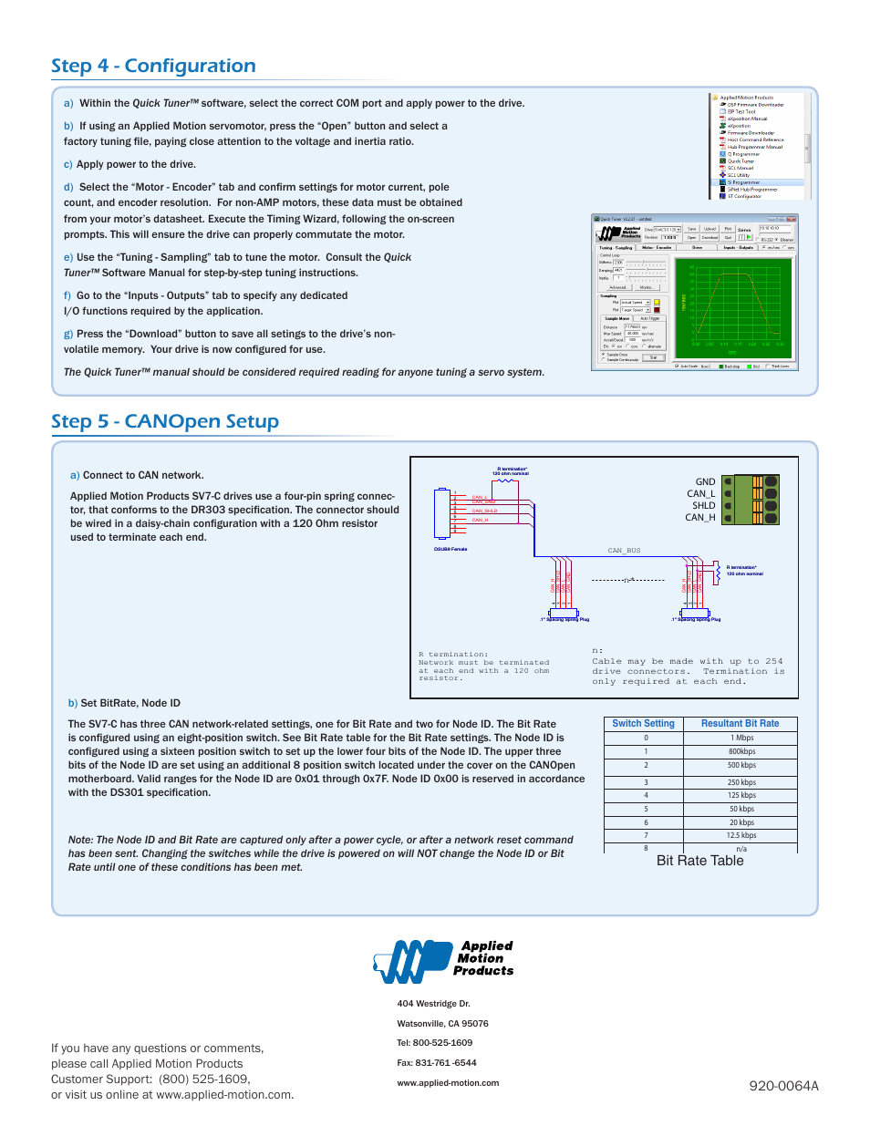 Step 5 - canopen setup, Step 4 - configuration, Bit rate table | 0064a, Switch setting resultant bit rate | Applied Motion SV7-C-CE User Manual | Page 2 / 2