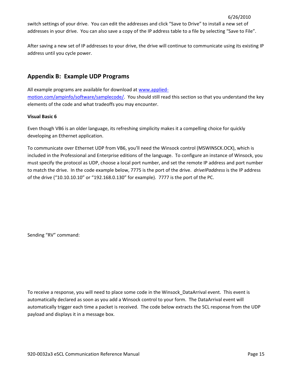 Appendix b: example udp programs | Applied Motion SV7-Q-EE User Manual | Page 15 / 19