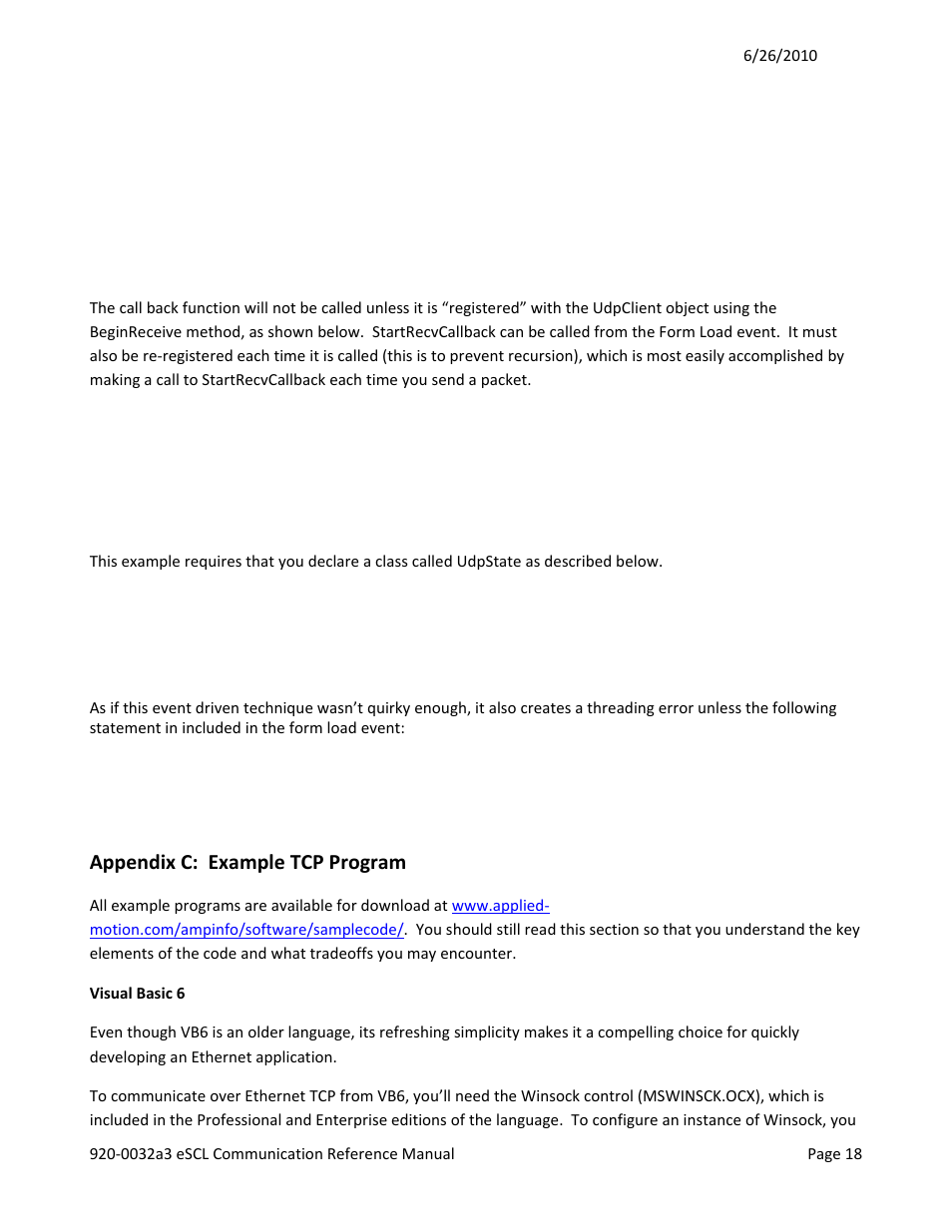 Appendix c: example tcp program | Applied Motion SV7-Q-EE User Manual | Page 18 / 19