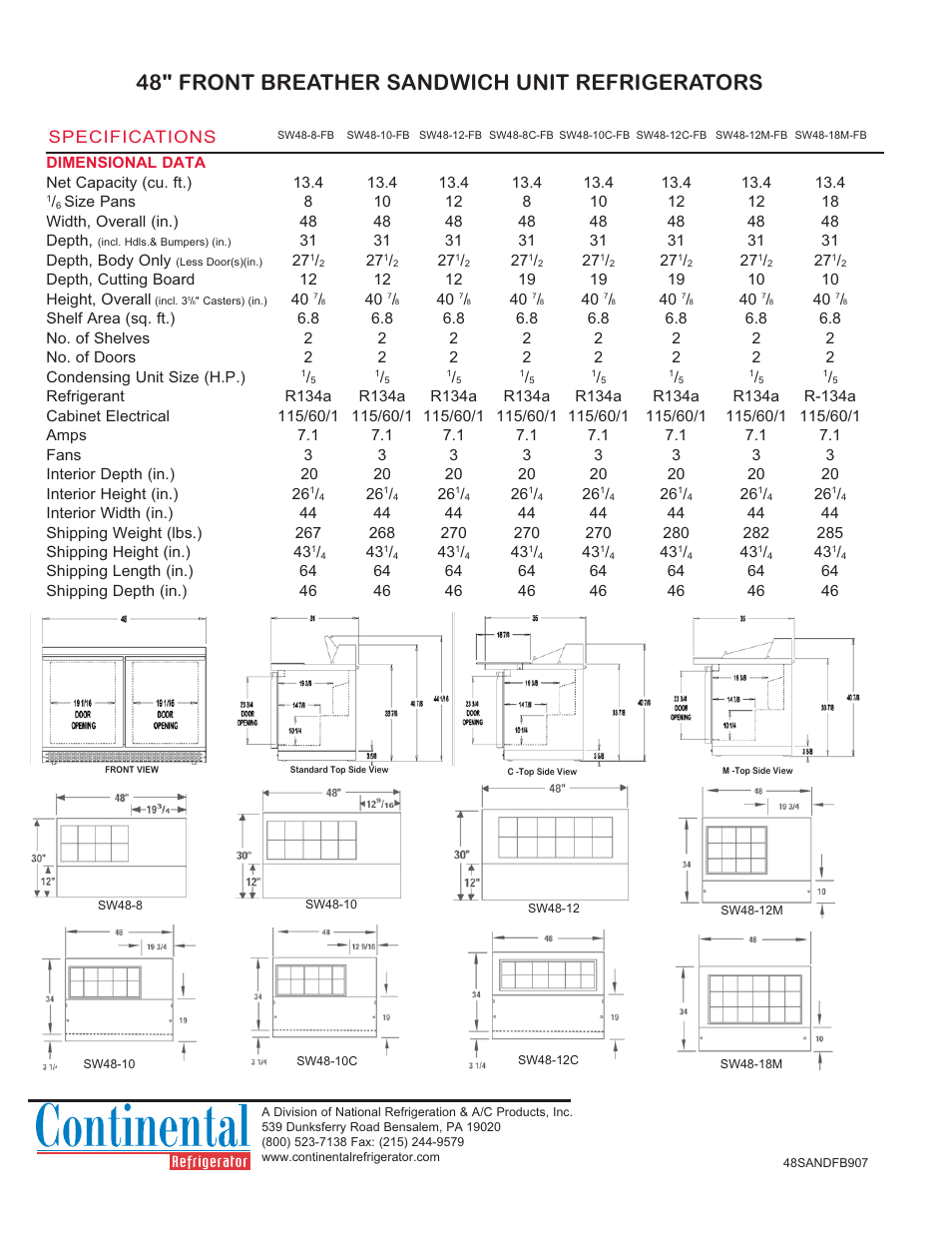 48" front breather sandwich unit refrigerators, Specifications | Continental Refrigerator SW48-12-FB User Manual | Page 2 / 2