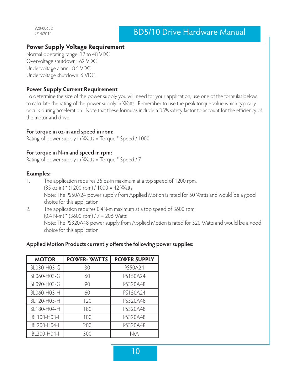 Power supply voltage requirement | Applied Motion BD10-H4-AH User Manual | Page 10 / 36