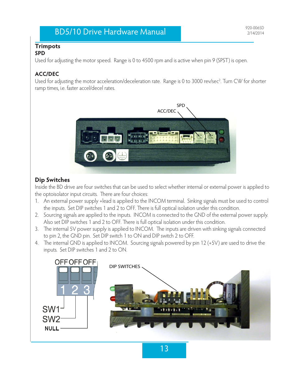 Trimpots, Dip switches | Applied Motion BD10-H4-AH User Manual | Page 13 / 36